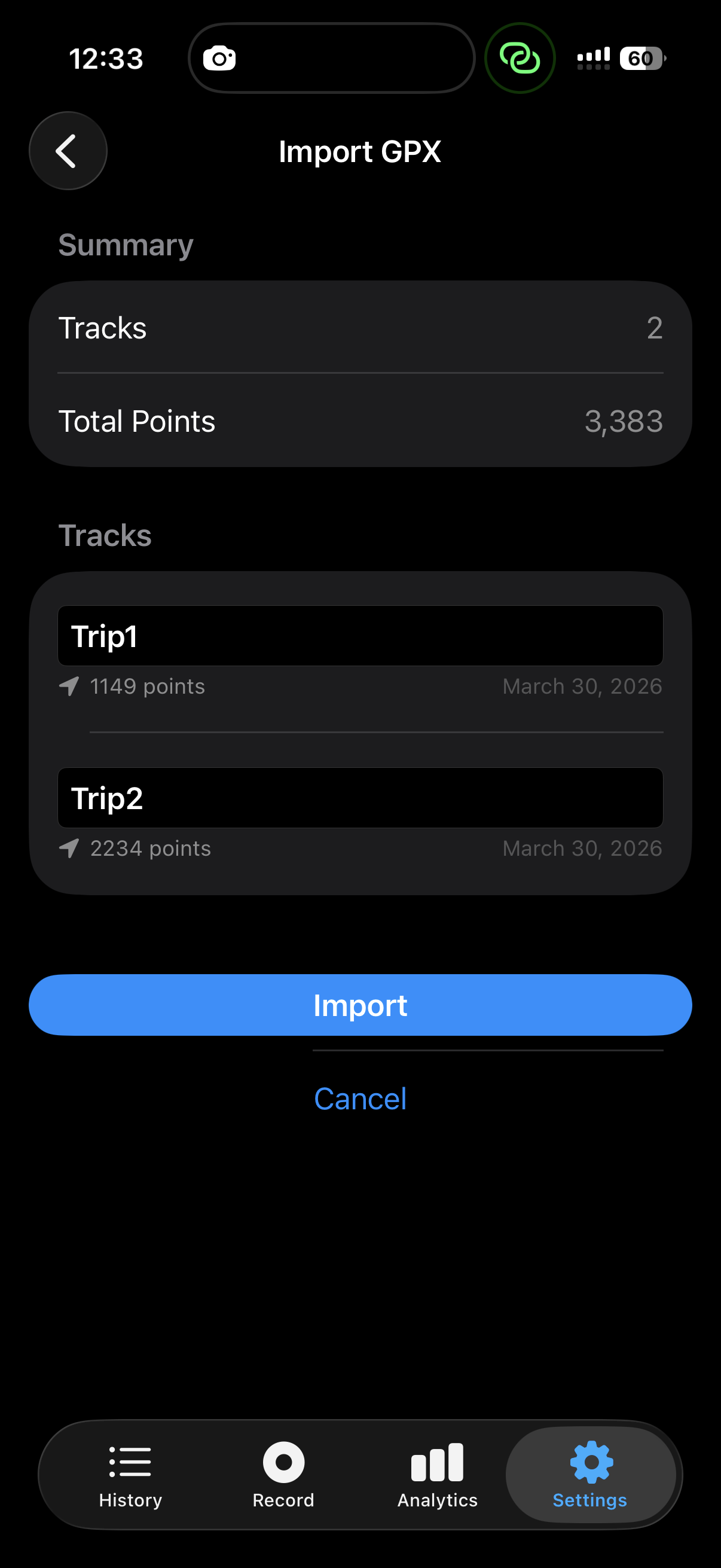 หน้าจอนำเข้า GPX