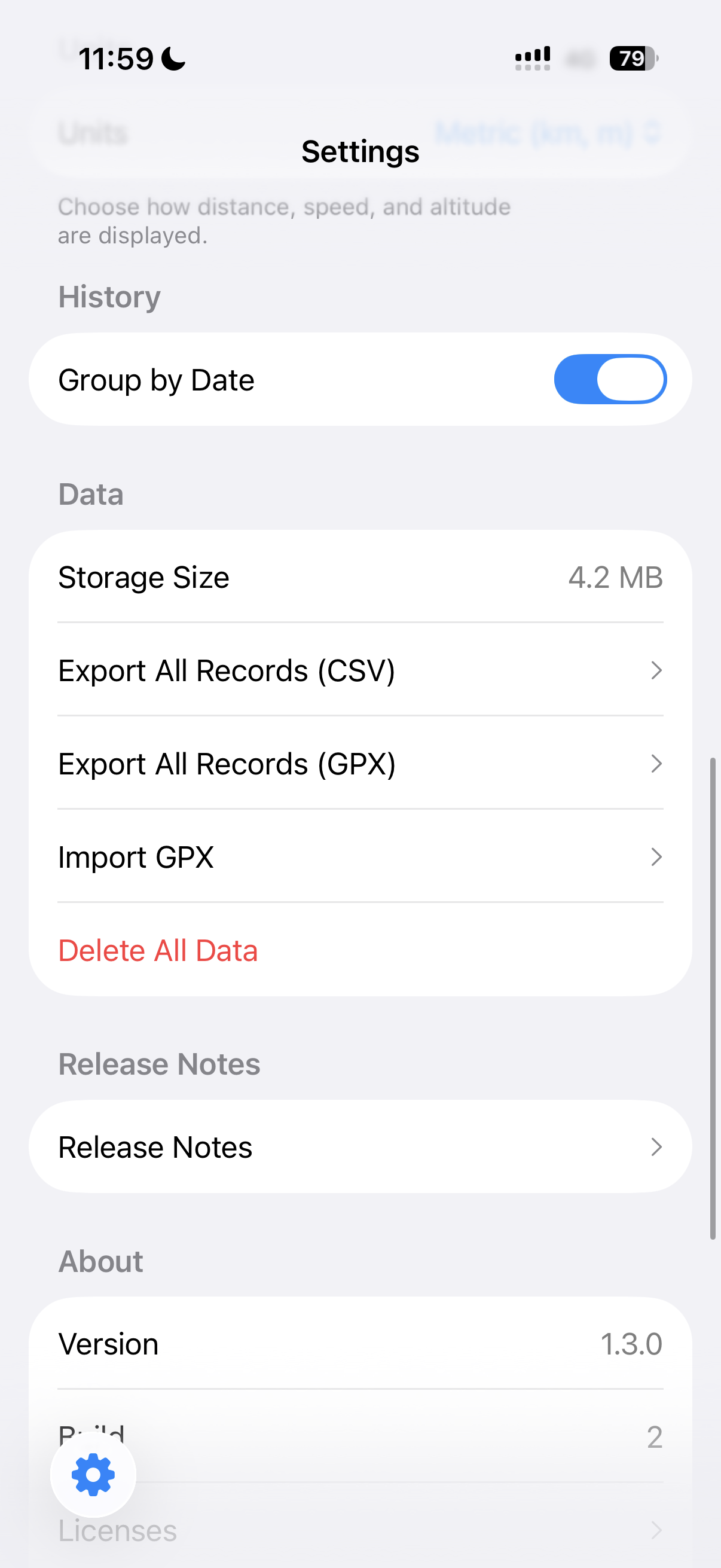 GPXエクスポート/インポート画面